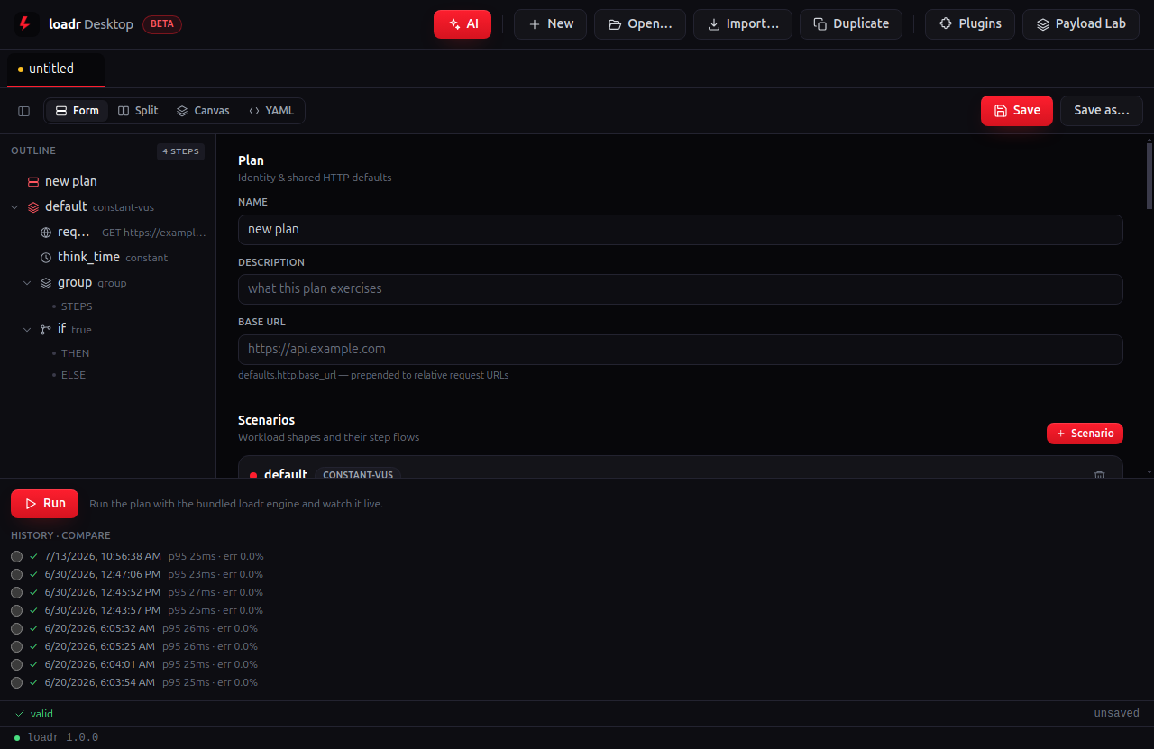 loadr Desktop — forms-first plan editor with an outline rail