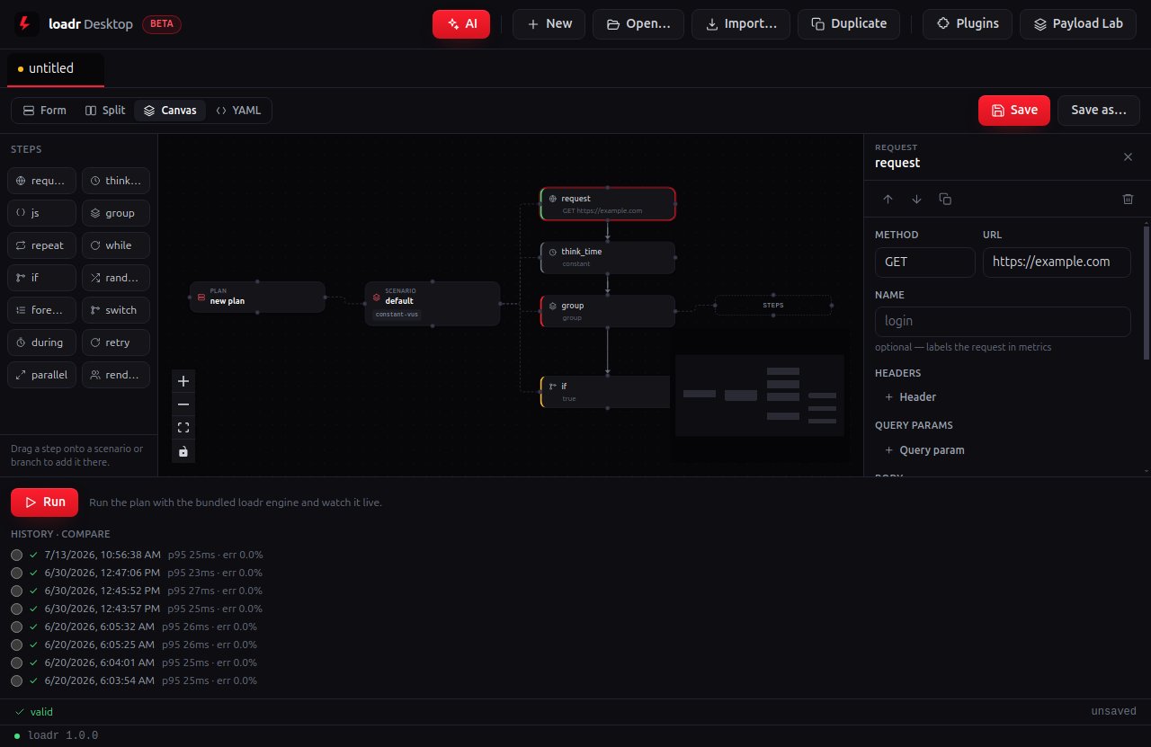loadr Desktop — visual canvas plan editor with a node graph and a per-component form inspector